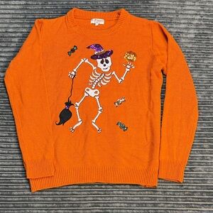 Poof women’s Orange Halloween Skeleton Sweater size medium